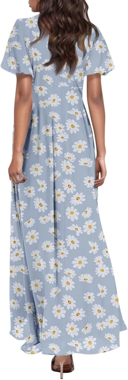 A Line Dresses for Women 2025 Floral Chiffon Long Summer Dresses Ruffle Short Sleeve Beach Dress for Wedding Guest