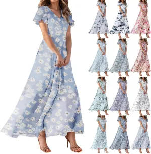 A Line Dresses for Women 2025 Floral Chiffon Long Summer Dresses Ruffle Short Sleeve Beach Dress for Wedding Guest