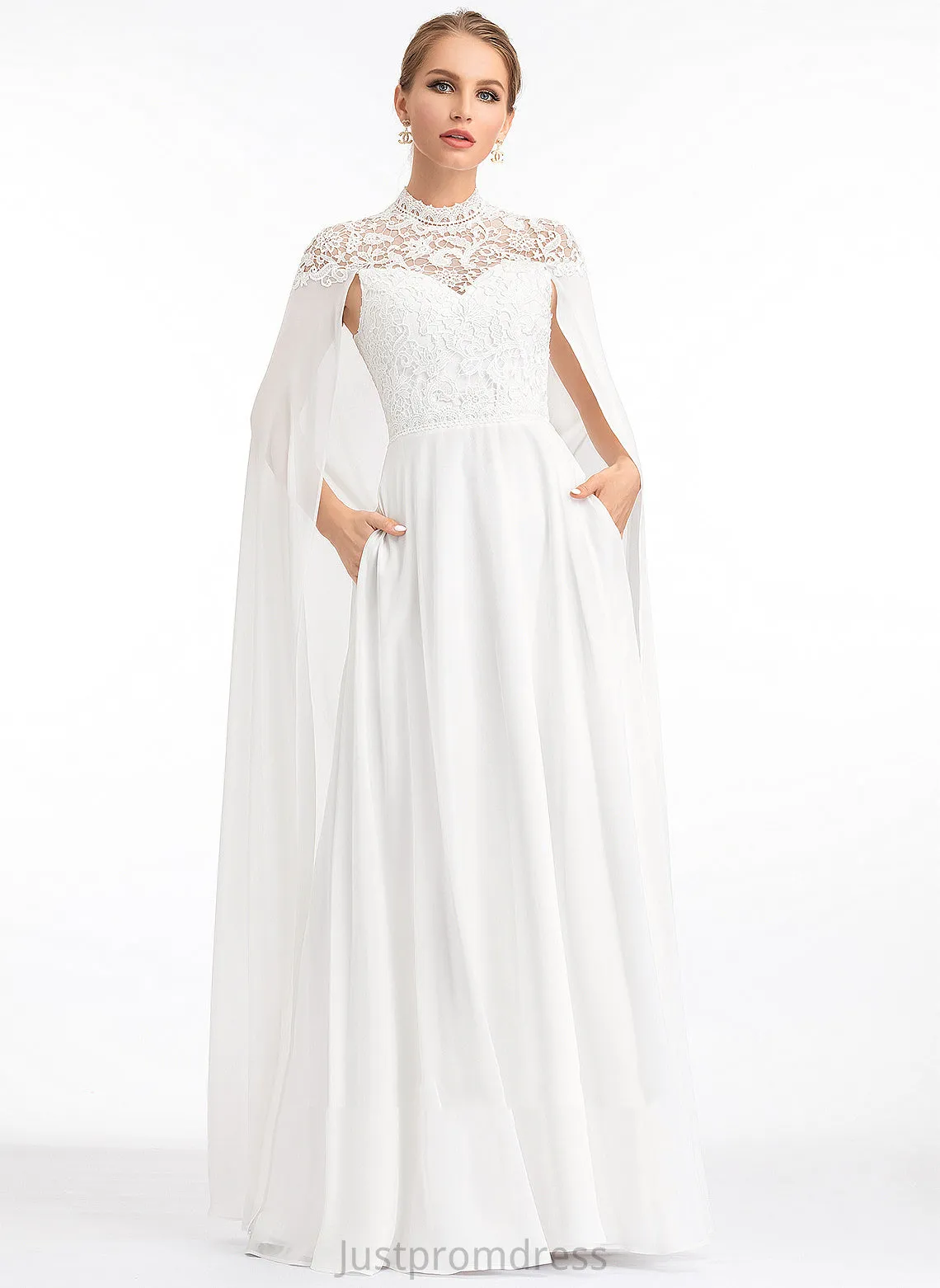 A-Line Lace Rhianna Dress High Wedding Floor-Length Chiffon Neck Wedding Dresses