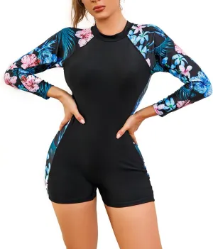ABOCIW Womens Boyleg One Piece Rashguard Long Sleeve Swimsuit Floral Print Surfing Bathing Suit UPF 50  Athletic Swimwear