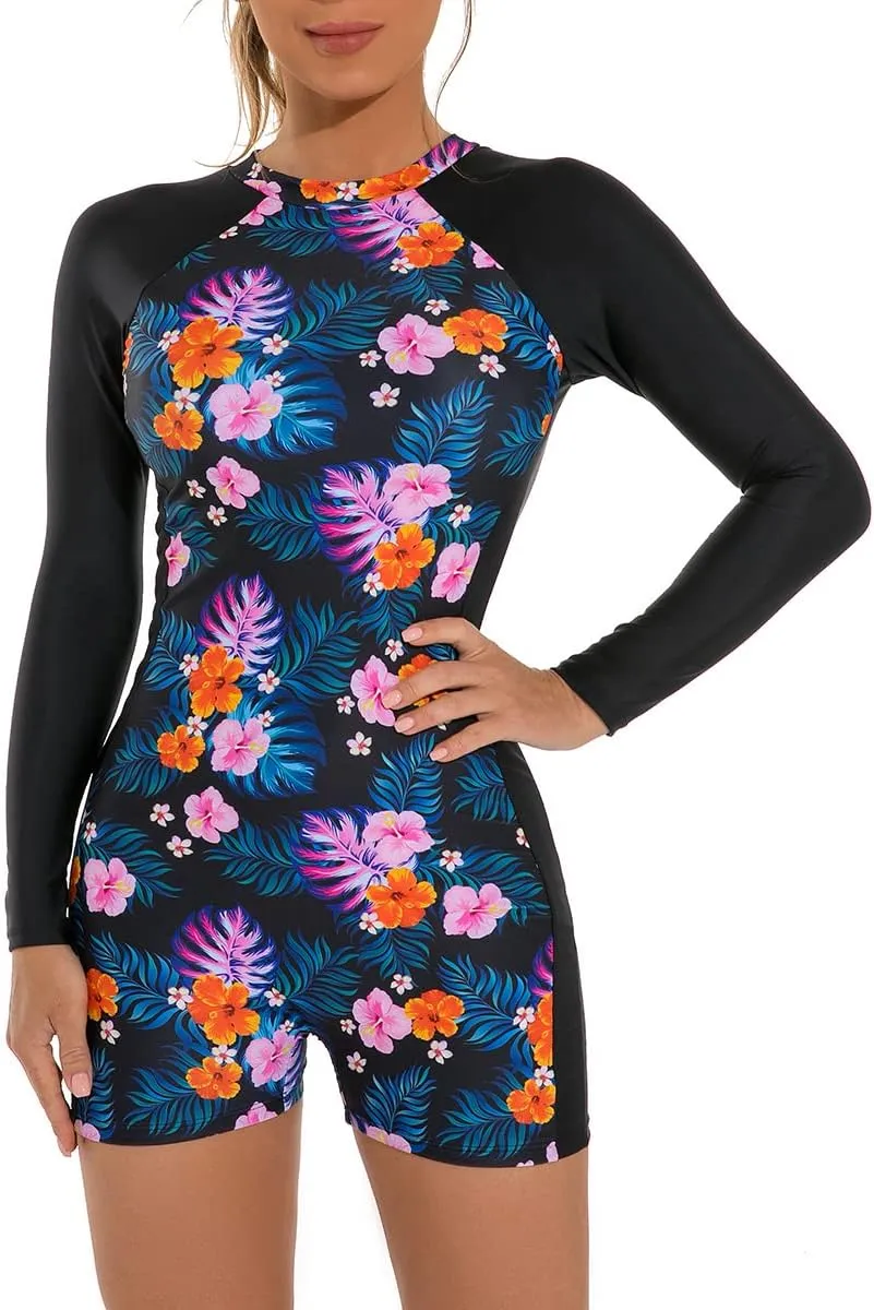 ABOCIW Womens Boyleg One Piece Rashguard Long Sleeve Swimsuit Floral Print Surfing Bathing Suit UPF 50  Athletic Swimwear