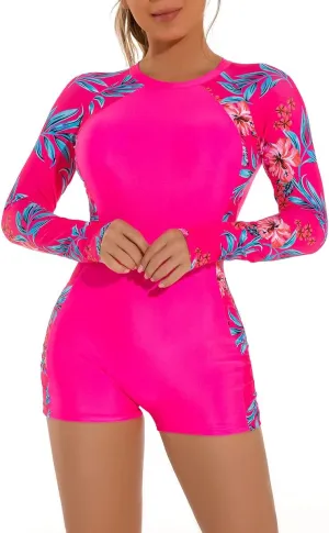 ABOCIW Womens Boyleg One Piece Rashguard Long Sleeve Swimsuit Floral Print Surfing Bathing Suit UPF 50  Athletic Swimwear