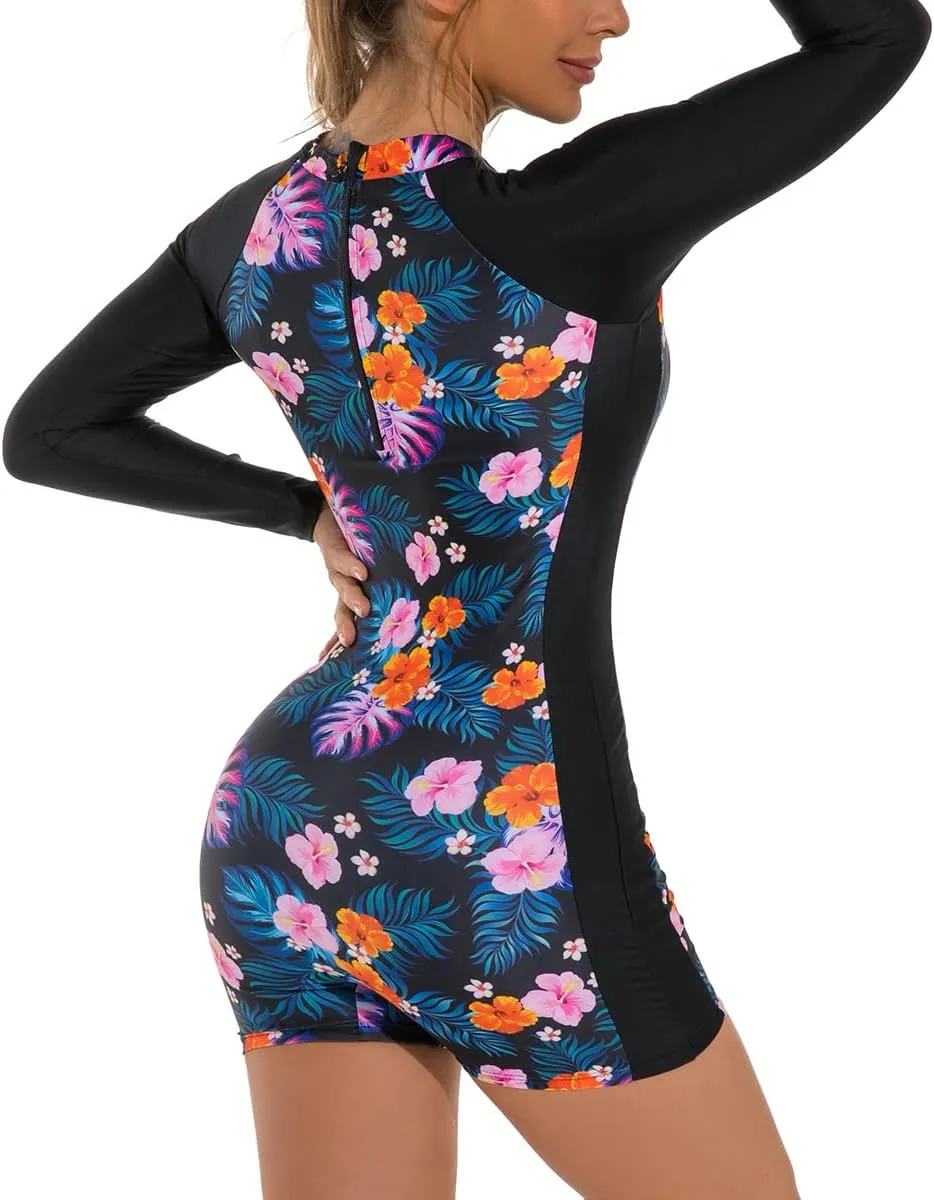 ABOCIW Womens Boyleg One Piece Rashguard Long Sleeve Swimsuit Floral Print Surfing Bathing Suit UPF 50  Athletic Swimwear