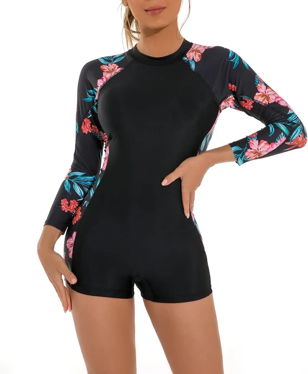ABOCIW Womens Boyleg One Piece Rashguard Long Sleeve Swimsuit Floral Print Surfing Bathing Suit UPF 50  Athletic Swimwear