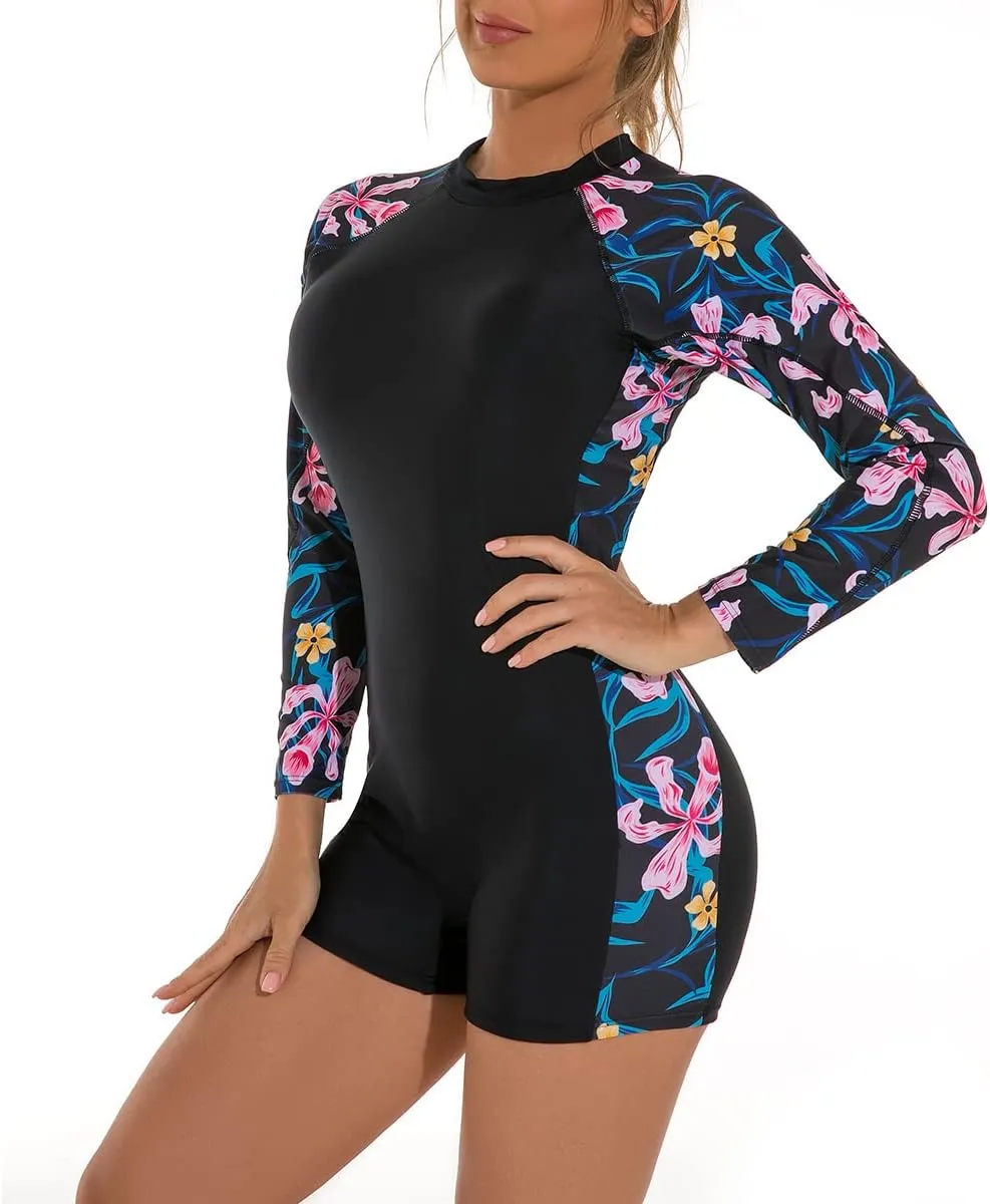 ABOCIW Womens Boyleg One Piece Rashguard Long Sleeve Swimsuit Floral Print Surfing Bathing Suit UPF 50  Athletic Swimwear