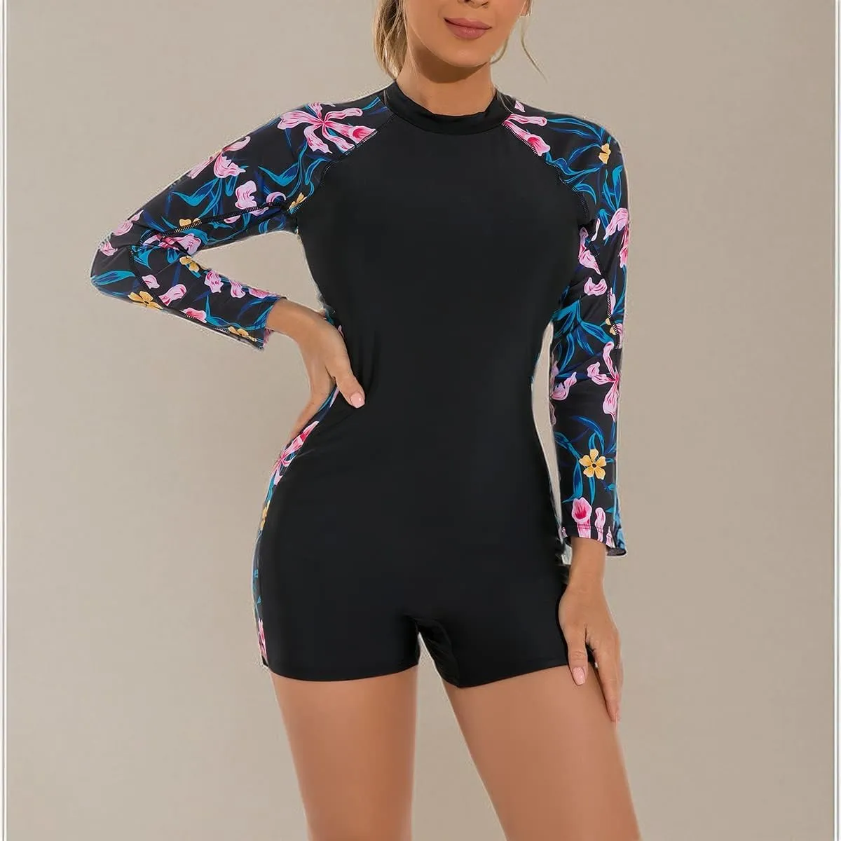 ABOCIW Womens Boyleg One Piece Rashguard Long Sleeve Swimsuit Floral Print Surfing Bathing Suit UPF 50  Athletic Swimwear