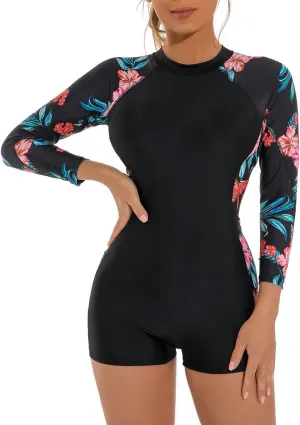 ABOCIW Womens Boyleg One Piece Rashguard Long Sleeve Swimsuit Floral Print Surfing Bathing Suit UPF 50  Athletic Swimwear