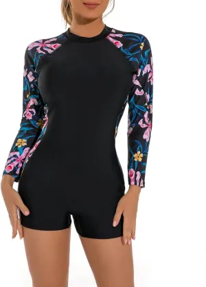 ABOCIW Womens Boyleg One Piece Rashguard Long Sleeve Swimsuit Floral Print Surfing Bathing Suit UPF 50  Athletic Swimwear