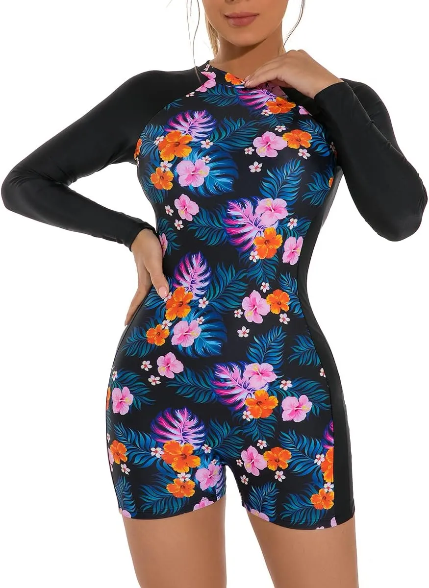 ABOCIW Womens Boyleg One Piece Rashguard Long Sleeve Swimsuit Floral Print Surfing Bathing Suit UPF 50  Athletic Swimwear