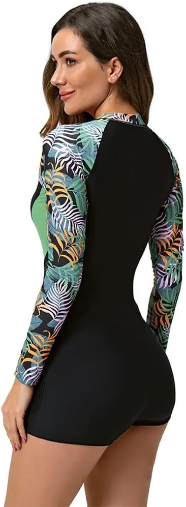 ABOCIW Womens One Piece Long Sleeve Swimsuit Rash Guard Bathing Suit Boyleg Bottom UPF 50  Surfing Swimwear