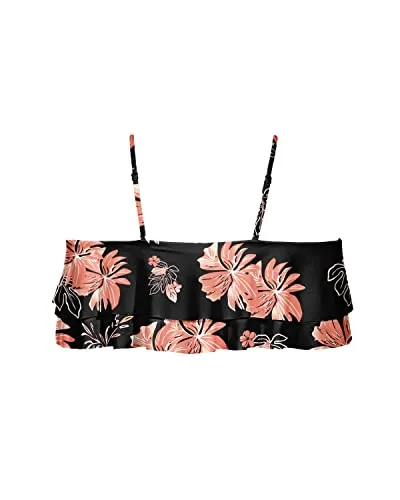 Adjustable Spaghetti Straps Bikini Top For Women-Black Orange Floral