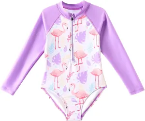 Angel season Girls Long Sleeve Swimsuits One Piece Rash Guard Bathing Suit UPF50  Toddler Kids Zipper Swimwear Size 2-10