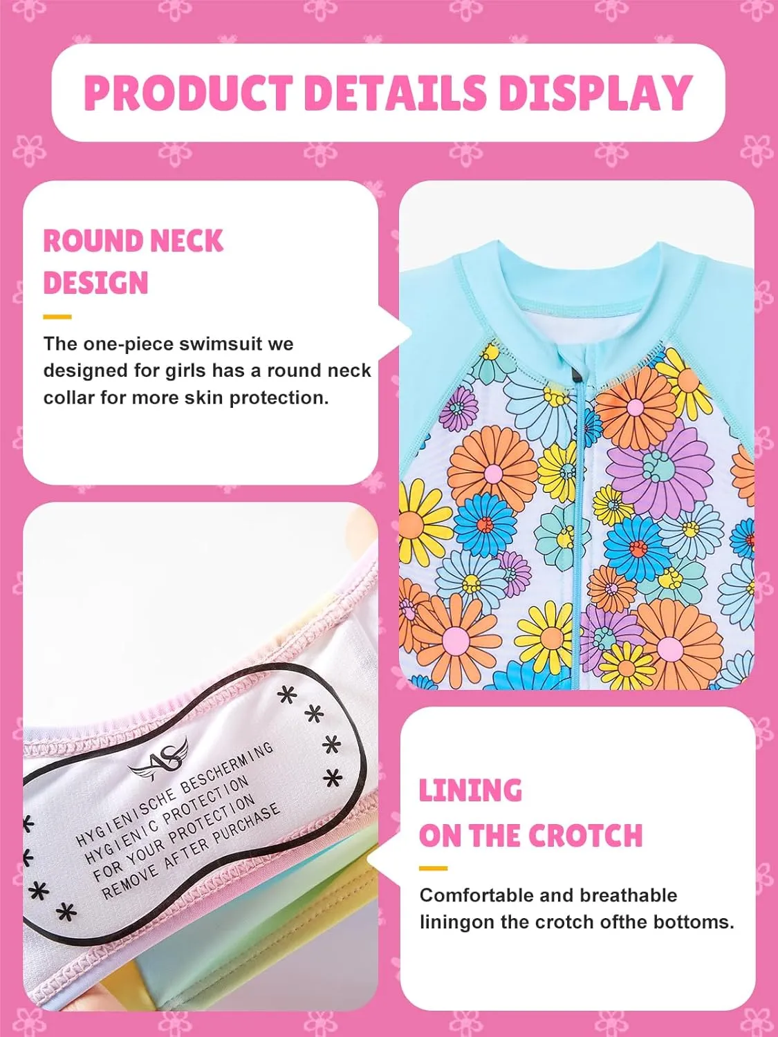 Angel season Girls Long Sleeve Swimsuits One Piece Rash Guard Bathing Suit UPF50  Toddler Kids Zipper Swimwear Size 2-10