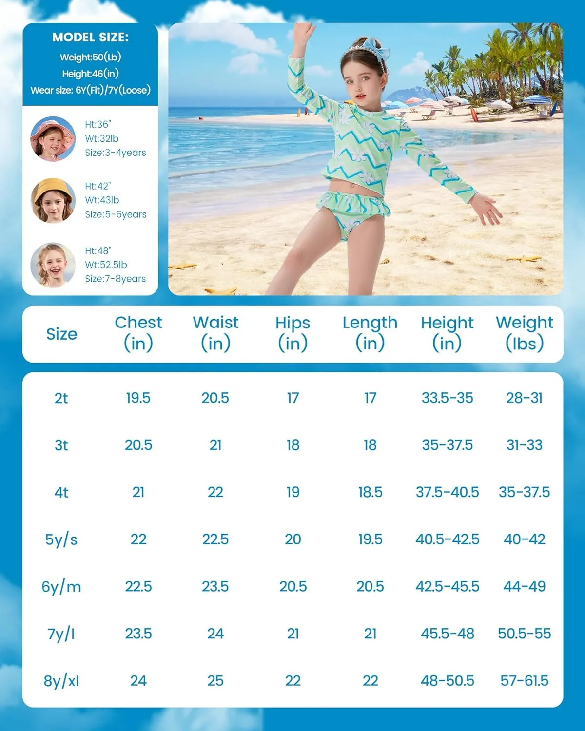 Angel season Girls Rash Guard Swimsuit Set Toddler Kids Swimwear Long Sleeve Bathing Suits Little Girl Summer UPF 50 