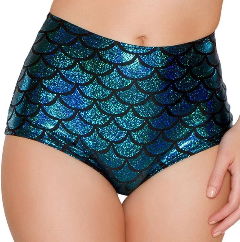 ANKOMINA Women High Waisted Holographic Mermaid Scale Print Booty Shorts Bottoms