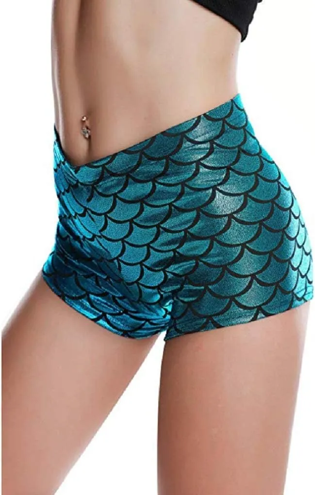 ANKOMINA Women High Waisted Holographic Mermaid Scale Print Booty Shorts Bottoms