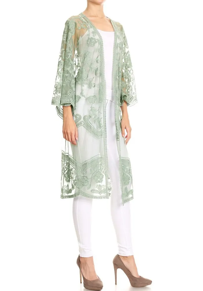 Anna-Kaci Women's Long Embroidered Floral Butterfly Kimono Cover Up Cardigan