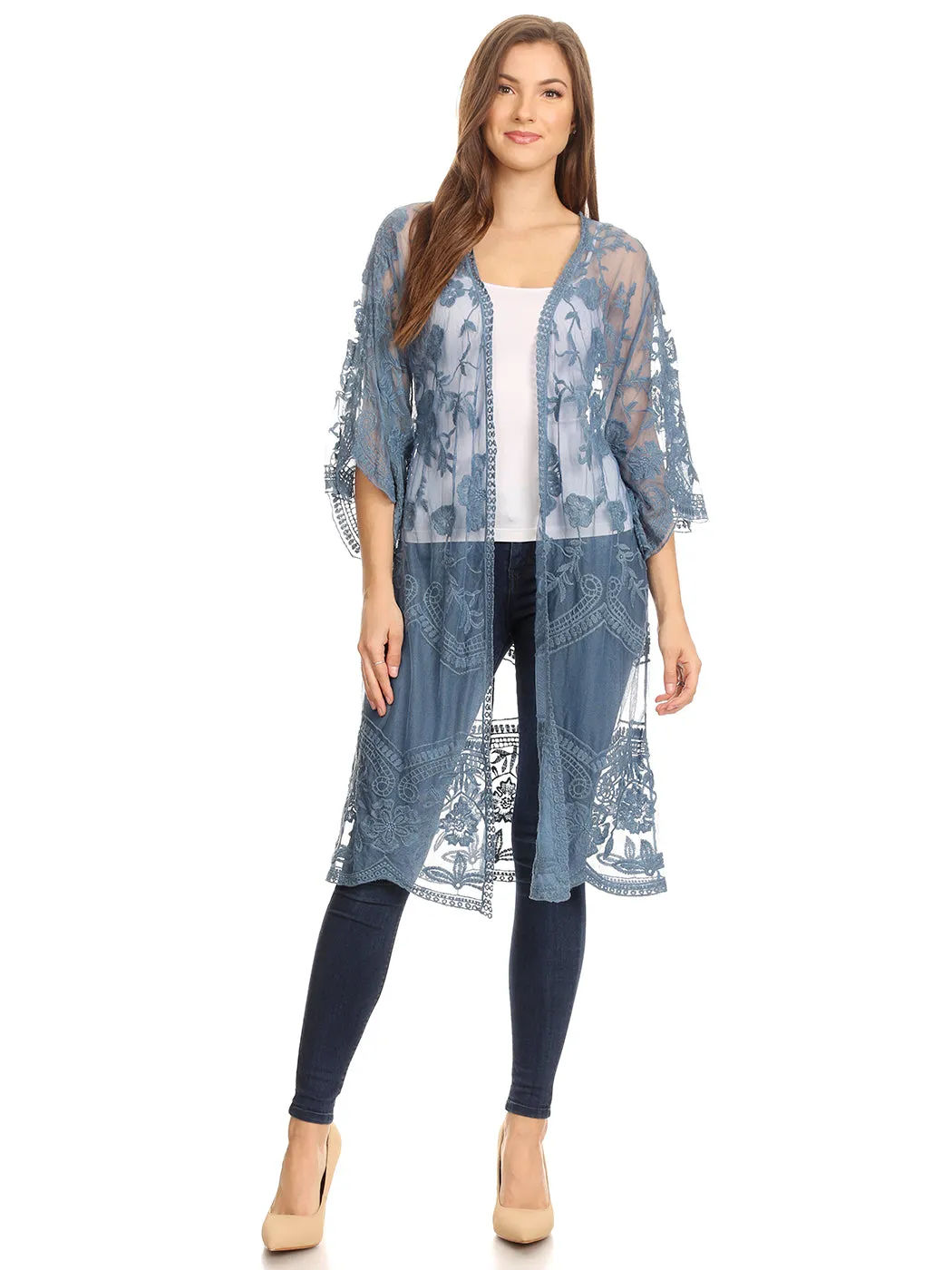 Anna-Kaci Women's Long Embroidered Floral Butterfly Kimono Cover Up Cardigan