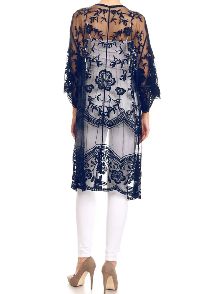 Anna-Kaci Women's Long Embroidered Floral Butterfly Kimono Cover Up Cardigan
