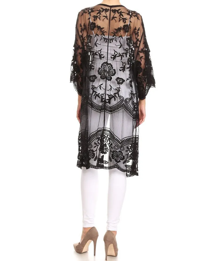 Anna-Kaci Women's Long Embroidered Floral Butterfly Kimono Cover Up Cardigan