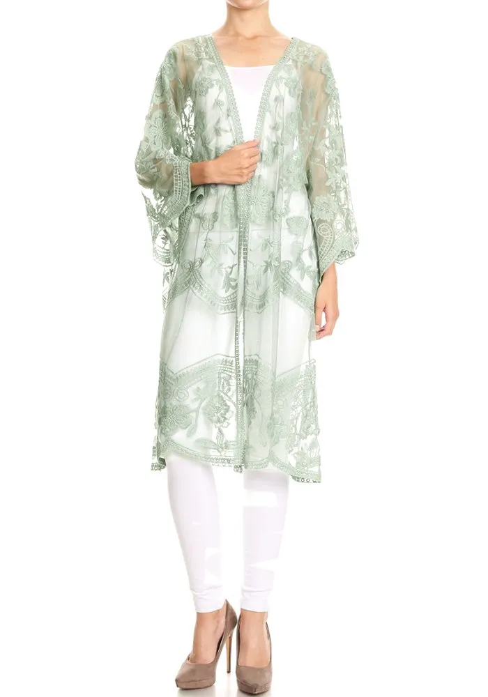 Anna-Kaci Women's Long Embroidered Floral Butterfly Kimono Cover Up Cardigan