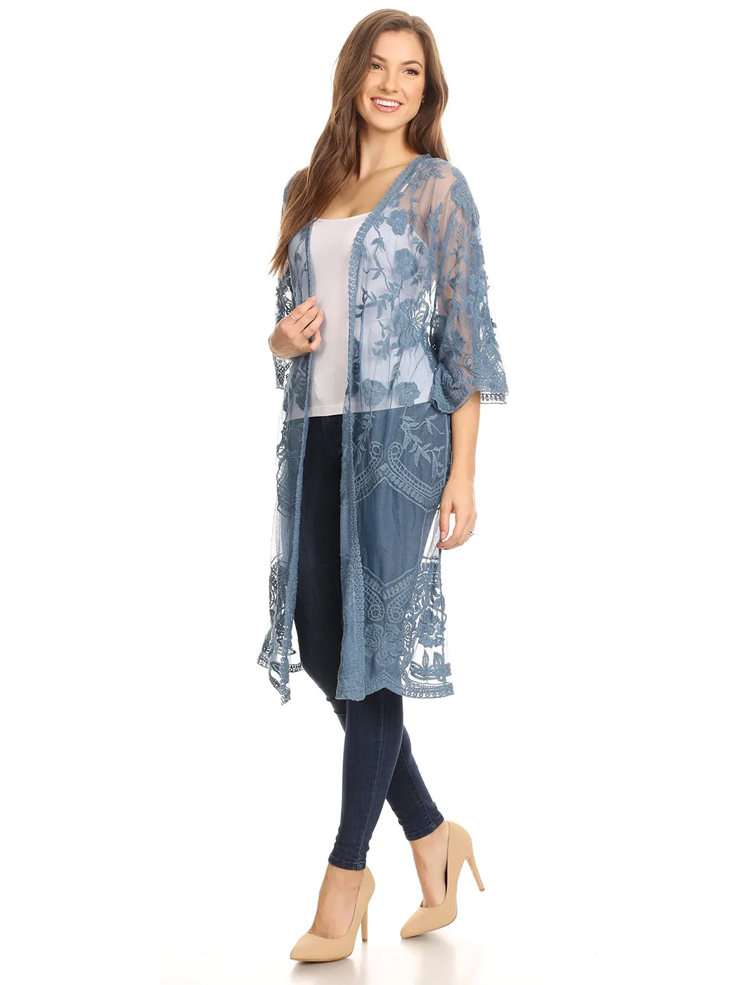 Anna-Kaci Women's Long Embroidered Floral Butterfly Kimono Cover Up Cardigan