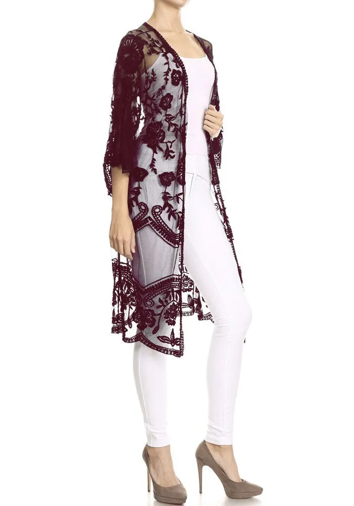 Anna-Kaci Women's Long Embroidered Floral Butterfly Kimono Cover Up Cardigan