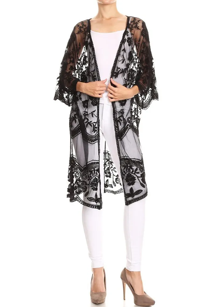 Anna-Kaci Women's Long Embroidered Floral Butterfly Kimono Cover Up Cardigan