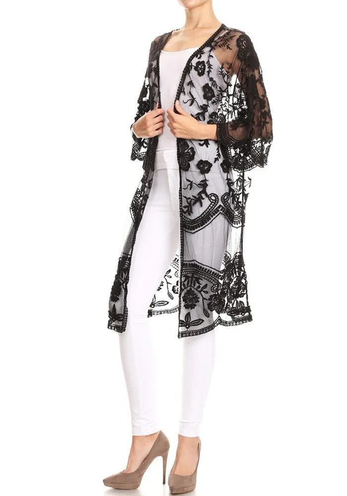 Anna-Kaci Women's Long Embroidered Floral Butterfly Kimono Cover Up Cardigan