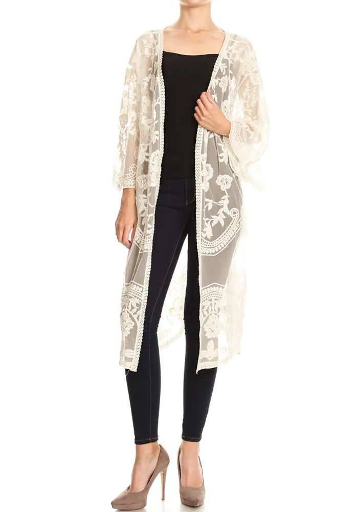 Anna-Kaci Women's Long Embroidered Floral Butterfly Kimono Cover Up Cardigan