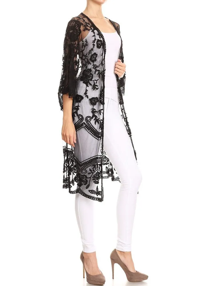 Anna-Kaci Women's Long Embroidered Floral Butterfly Kimono Cover Up Cardigan