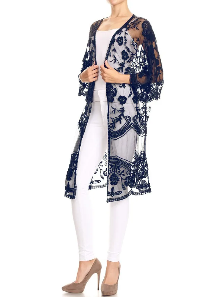 Anna-Kaci Women's Long Embroidered Floral Butterfly Kimono Cover Up Cardigan