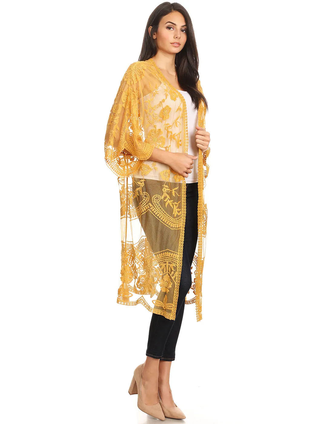 Anna-Kaci Women's Long Embroidered Floral Butterfly Kimono Cover Up Cardigan
