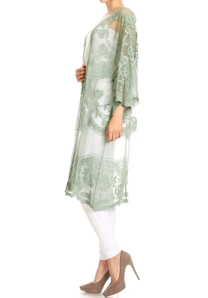 Anna-Kaci Women's Long Embroidered Floral Butterfly Kimono Cover Up Cardigan