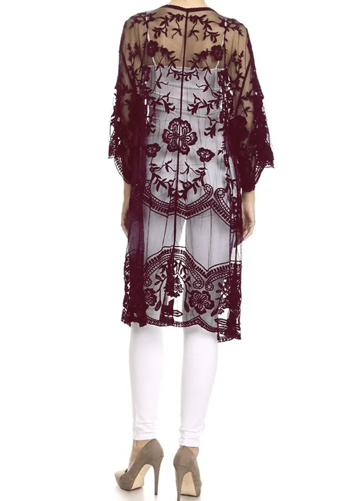 Anna-Kaci Women's Long Embroidered Floral Butterfly Kimono Cover Up Cardigan
