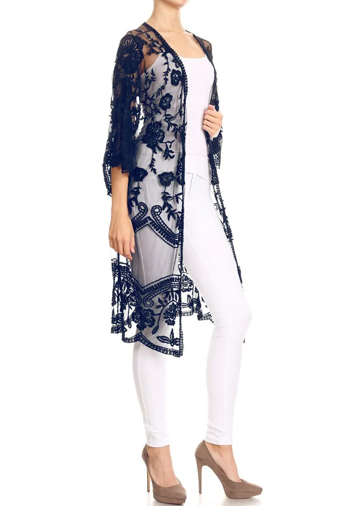 Anna-Kaci Women's Long Embroidered Floral Butterfly Kimono Cover Up Cardigan