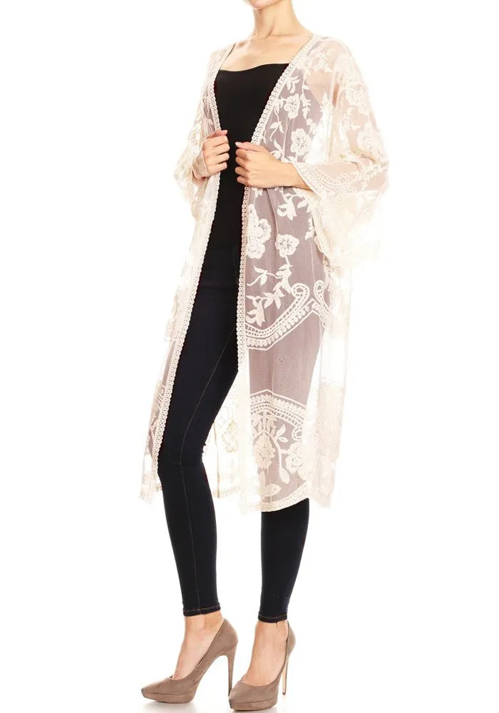 Anna-Kaci Women's Long Embroidered Floral Butterfly Kimono Cover Up Cardigan