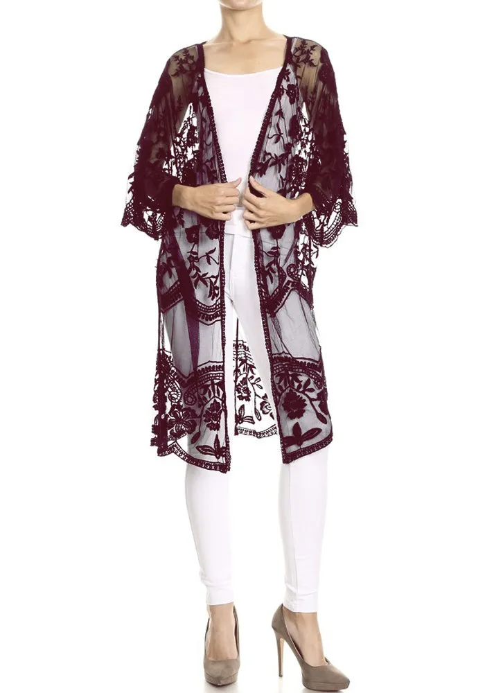 Anna-Kaci Women's Long Embroidered Floral Butterfly Kimono Cover Up Cardigan