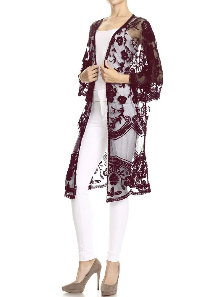 Anna-Kaci Women's Long Embroidered Floral Butterfly Kimono Cover Up Cardigan