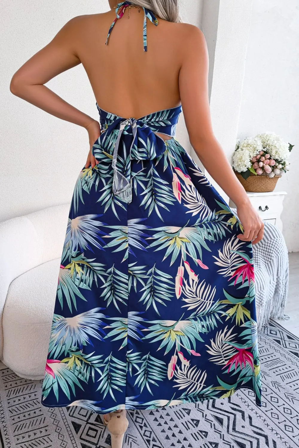 *APP EXCLUSIVE* Botanical Print Tied Backless Cutout Slit Dress