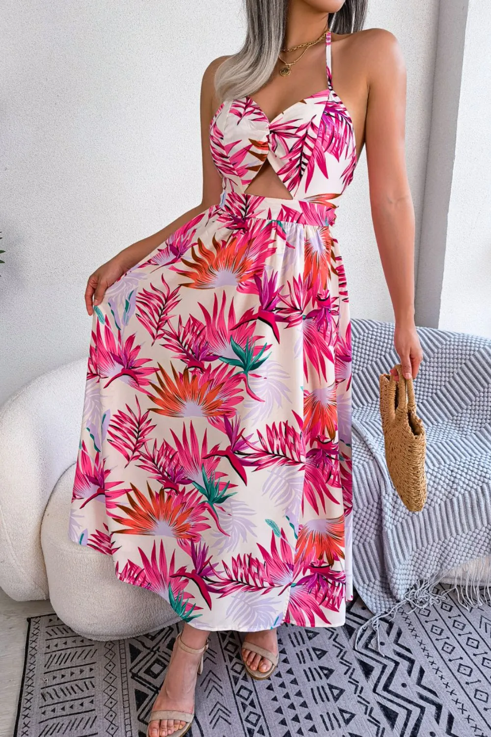*APP EXCLUSIVE* Botanical Print Tied Backless Cutout Slit Dress