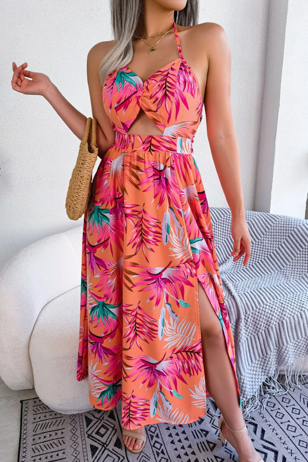 *APP EXCLUSIVE* Botanical Print Tied Backless Cutout Slit Dress