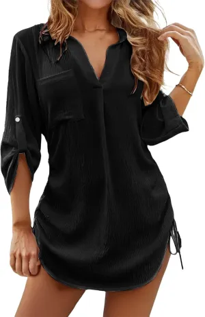 Bathing Suit Cover Up for Women V Neck Long Sleeve Tops Swimwear Coverup Beach Dress Lapel Shirt Swimsuit Midi Dress