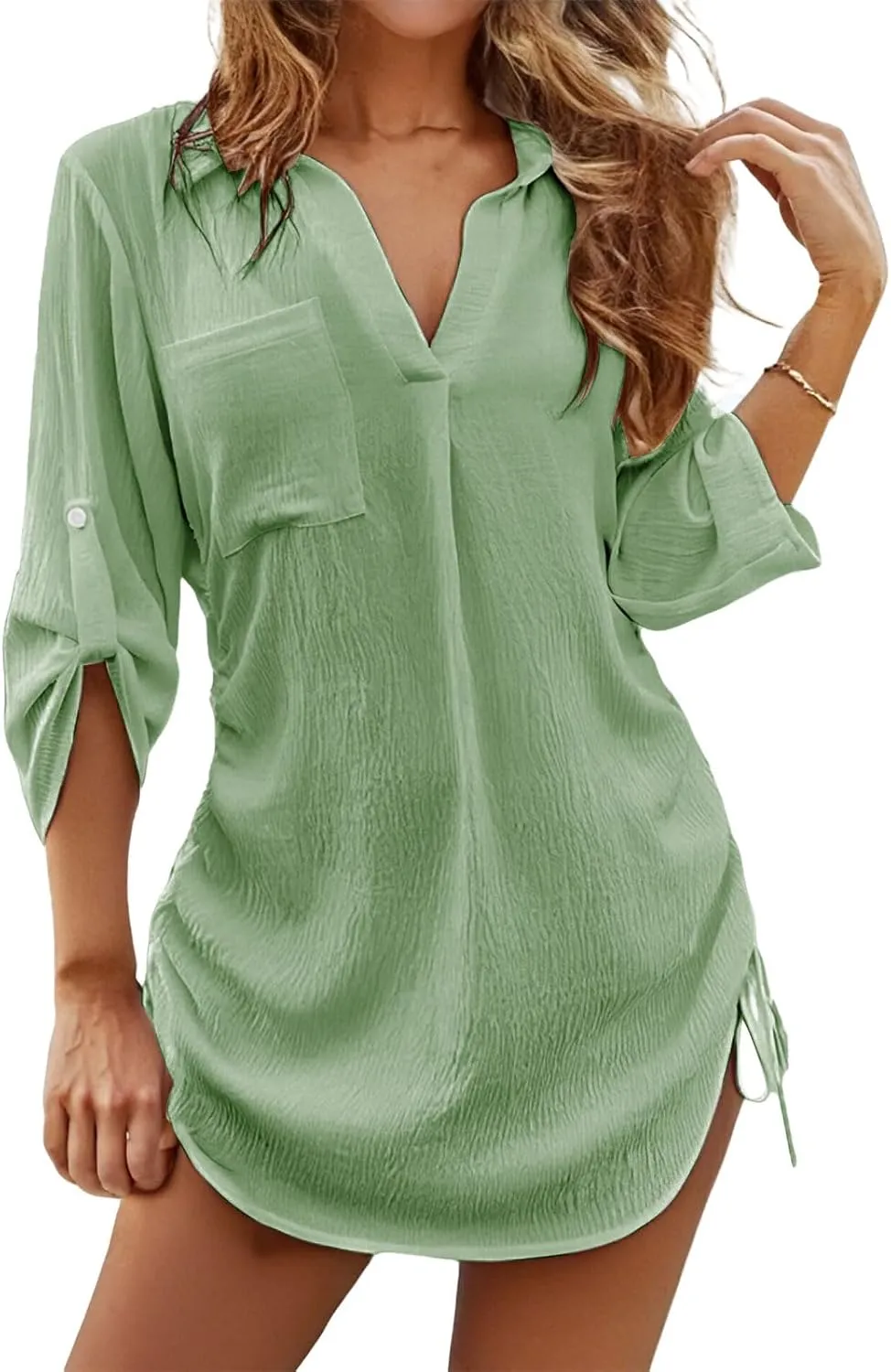 Bathing Suit Cover Up for Women V Neck Long Sleeve Tops Swimwear Coverup Beach Dress Lapel Shirt Swimsuit Midi Dress