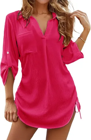 Bathing Suit Cover Up for Women V Neck Long Sleeve Tops Swimwear Coverup Beach Dress Lapel Shirt Swimsuit Midi Dress