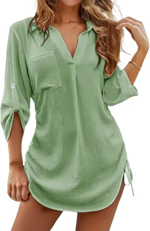 Bathing Suit Cover Up for Women V Neck Long Sleeve Tops Swimwear Coverup Beach Dress Lapel Shirt Swimsuit Midi Dress