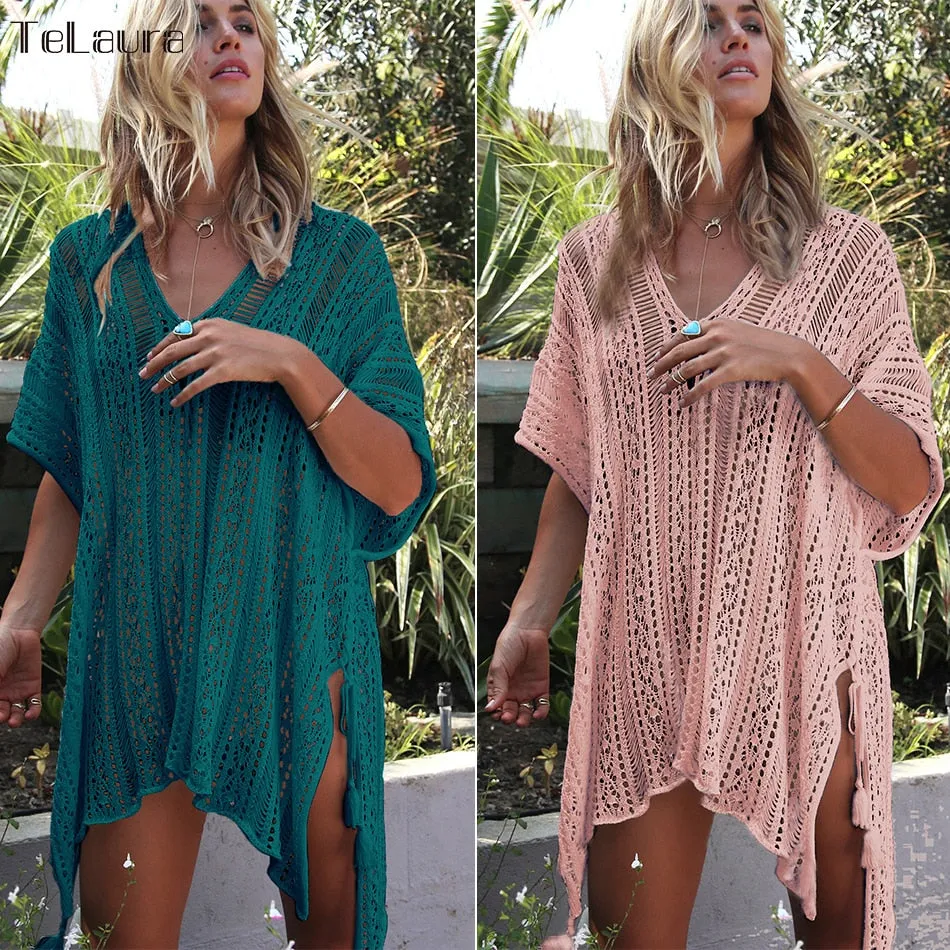 Beach Cover Up Crochet Knitted Tassel Tie Sexy Dress