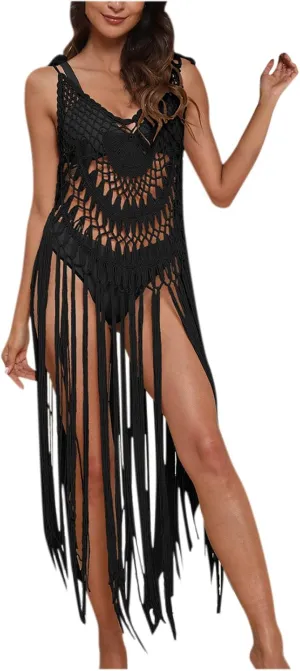 Beach Swimsuit Cover Ups Women Crochet Bikini Summer Pool Swimwear Hollow Out Bathing Suit Tassel Camis Swim Dress