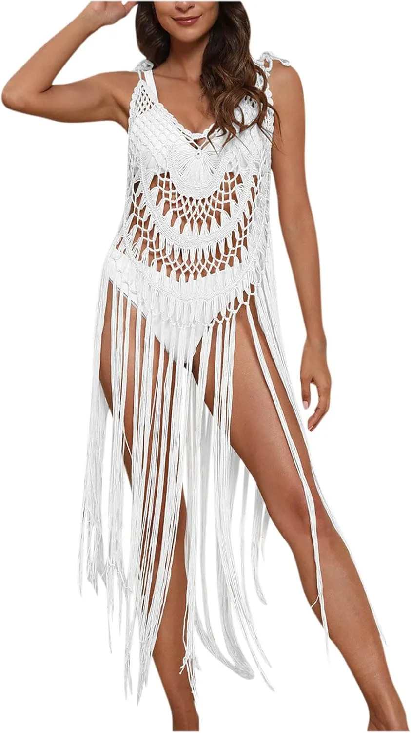 Beach Swimsuit Cover Ups Women Crochet Bikini Summer Pool Swimwear Hollow Out Bathing Suit Tassel Camis Swim Dress