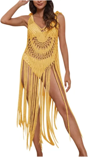 Beach Swimsuit Cover Ups Women Crochet Bikini Summer Pool Swimwear Hollow Out Bathing Suit Tassel Camis Swim Dress